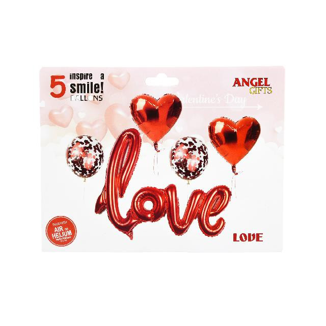 Кульки повітряні; (Love) 5шт. у наб. + стрічка; фольга; кол. асорті; арт. AG1626-013; ANGEL GIFTS