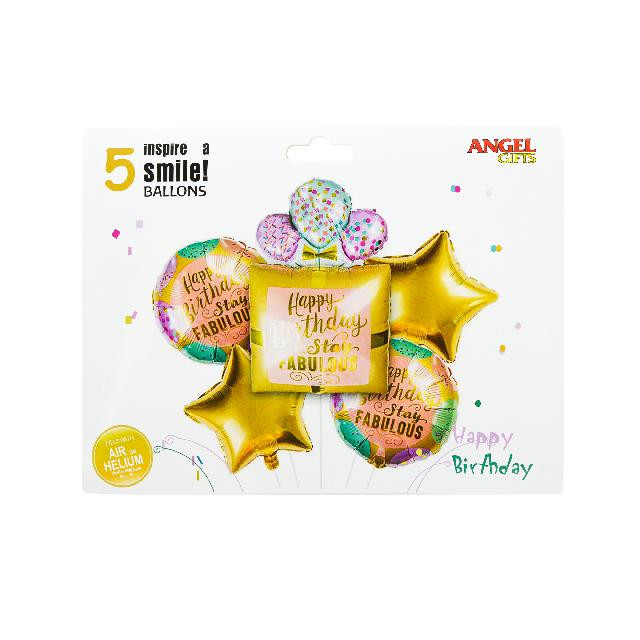 Кульки повітряні; (Happy Birthday) 5шт. у наб.; фольга; кол. асорті; арт. AG1626-017; ANGEL GIFTS