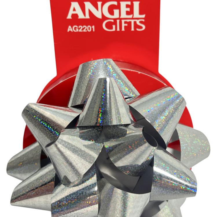 Бант та стрічка в наборі; колір срібло - голограма; 1 бант 10см + стрічка 2см*4м.; матеріал: поліпропілен; арт. AG2201; ANGEL GIFTS - фото №1