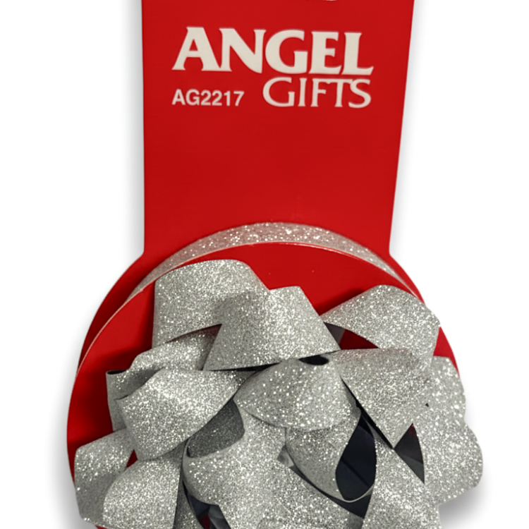Бант та стрічка в наборі; глітер; колір срібло; 1 бант 6 см. + стрічка 1.5см*4м; матеріал: поліпропілен; арт. AG2217; ANGEL GIFTS - фото №1