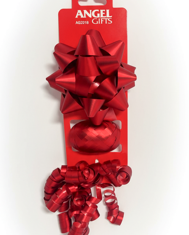 Бант та стрічка-кокон в наборі; матовий; колір червоний; 2 банта 10, 15 см. + стрічка 5мм*10м; матеріал: поліпропілен; арт. AG2218; ANGEL GIFTS - фото №1