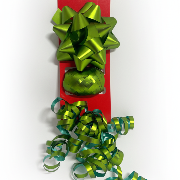 Бант та стрічка-кокон в наборі; матовий; колір зелений; 2 банта 10, 15 см + стрічка 5мм*10м; матеріал: поліпропілен; арт. AG2219; ANGEL GIFTS - фото №1