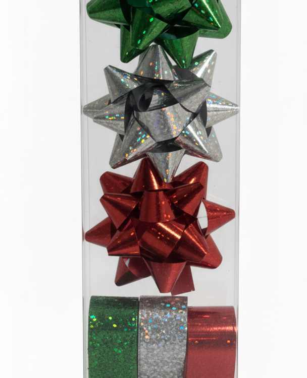 Бант та стрічка в наборі; голограма; колір асорті; 3 банта 4см + 3 стрічки 1,5см*10м; матеріал поліпропілен; арт. AG2230; ANGEL GIFTS - фото №1