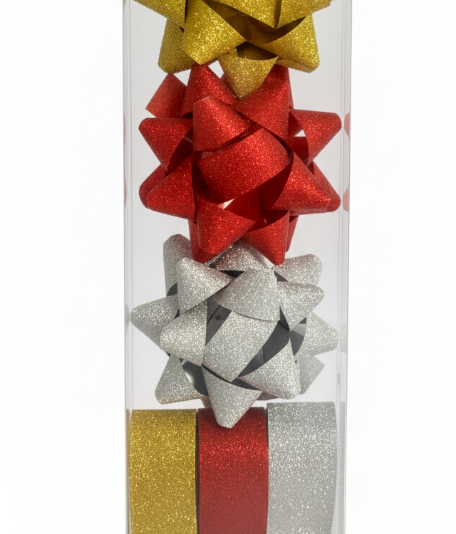 Бант та стрічка в наборі; глітер; колір асорті; 3 банта 4см + 3 стрічки 1,5см*10м; матеріал поліпропілен; арт. AG2233; ANGEL GIFTS