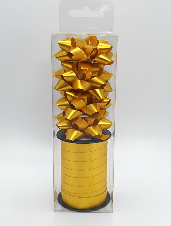 Бант та стрічка в наборі; колір золото; 4 банти 5см. + стрічка 1см*10м; матеріал: поліпропілен; арт. AG2240; ANGEL GIFTS