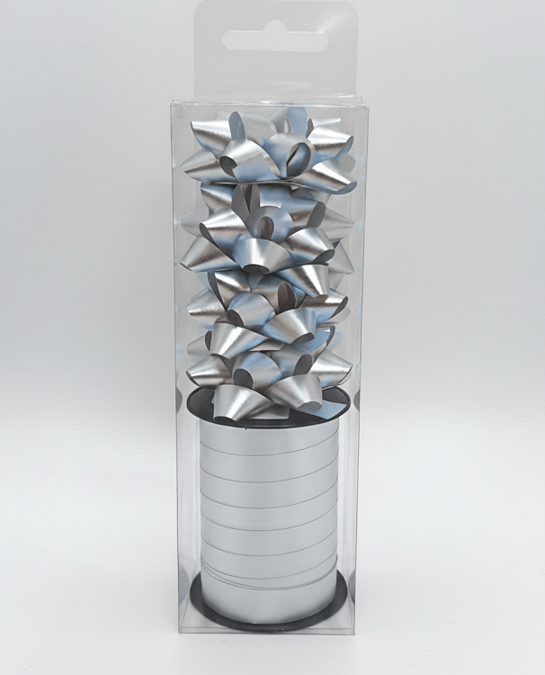 Бант та стрічка в наборі; колір срібло; 4 банти 5 см. + стрічка 1см*10м; матеріал: поліпропілен; арт. AG2242; ANGEL GIFTS