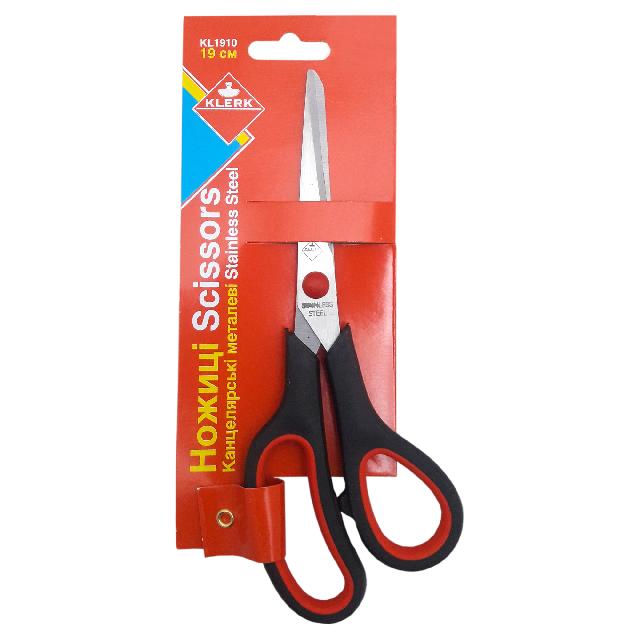 Ножиці канц. метал.; 19см; кол. ручок чор.; пласт.ручки з гум.вст.; карт. упак. з європідв.; арт. KL1910; KLERK