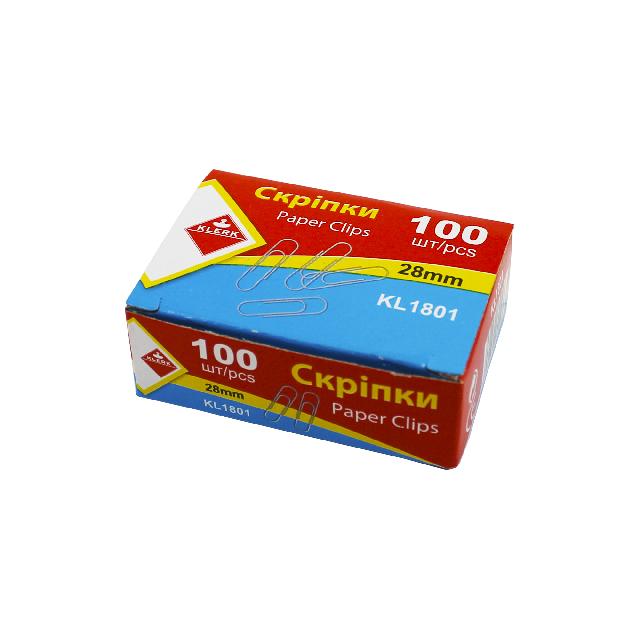 Скріпки канцелярські нікельовані; 28мм; (100шт у пач.); закруглені; картонна коробка; арт. KL1801; KLERK
