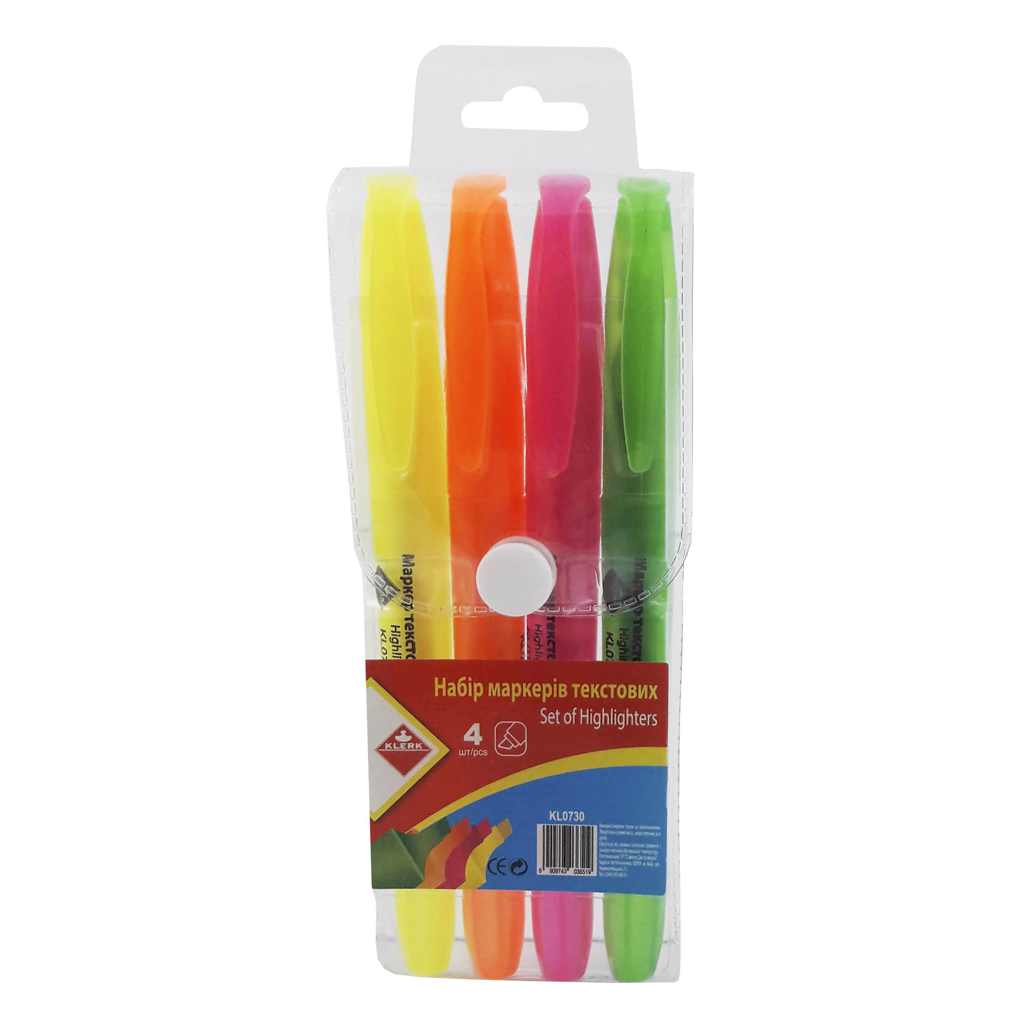 Маркери текст. тонкі; (4 кол. у наб.); кол. асорті; неон; товщ.лінії 2-4мм; блістер-упак.; арт. KL0730; KLERK