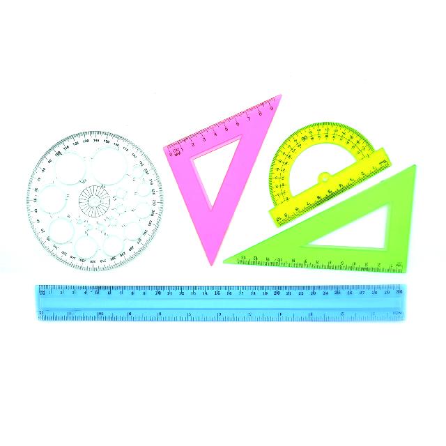 Лінійки пласт. у комплекті 5 шт. (лінійка 30см, транспортир 2шт. 180/360, косинець 2шт.) кол. асорті арт. VR11051 VGR