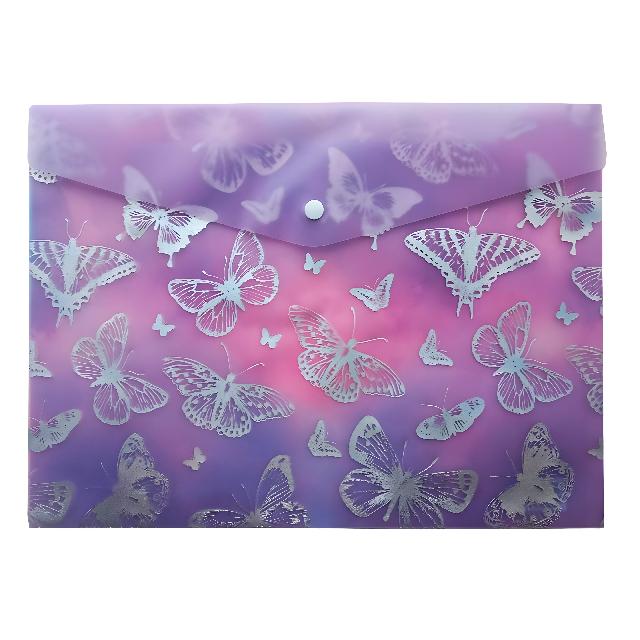 Папка-конверт пластикова на кнопці А4; прозора; матова з шиммером; колір асорті; арт. KL10526; KLERK