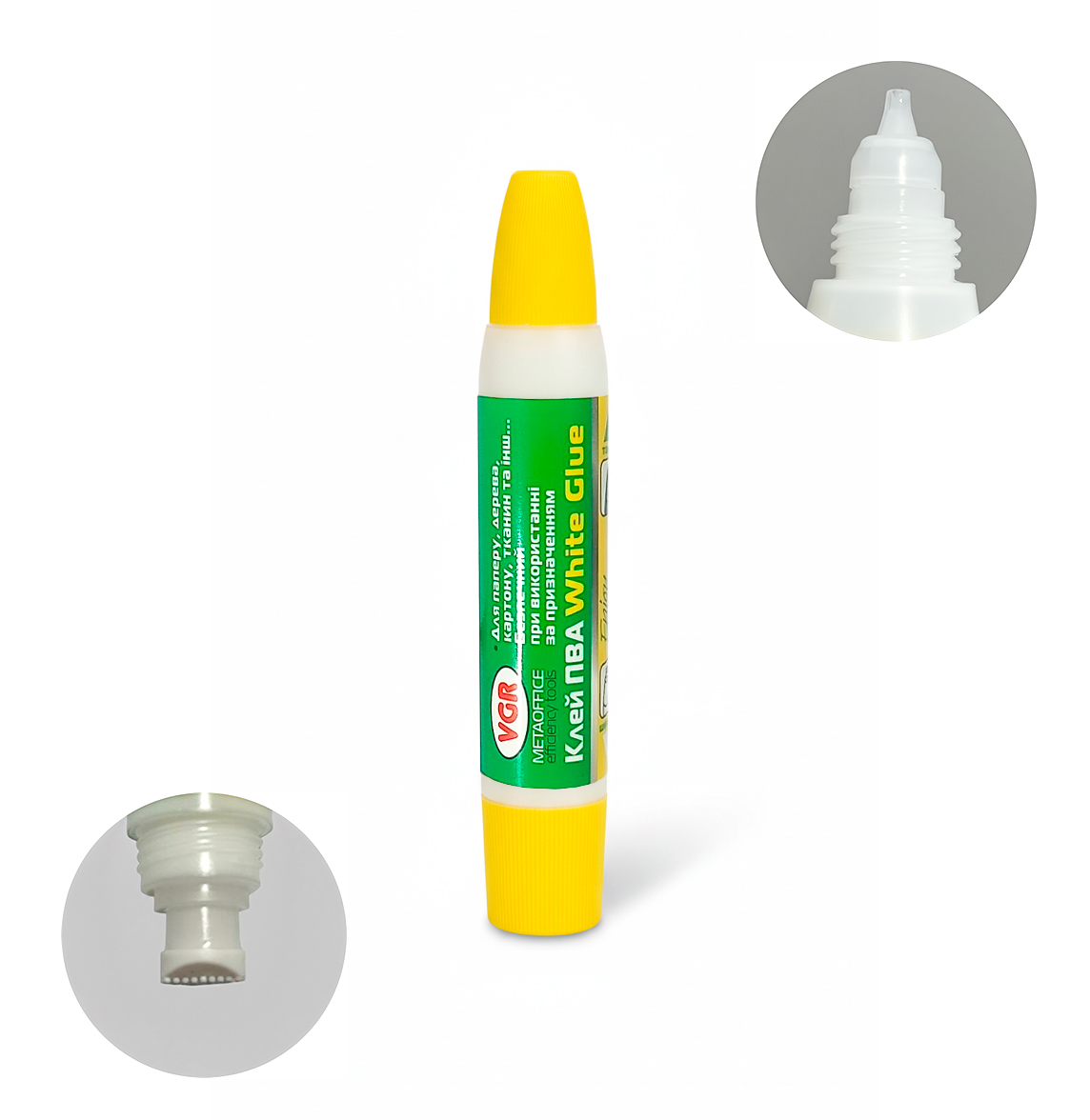 Клей ПВА; два аплікатори: тонкий і широкий. Об'єм 40 г. упаковка дисплей; арт. VR1250; VGR