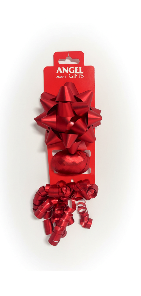 Бант та стрічка-кокон в наборі; матовий; колір червоний; 2 банта 10, 15 см. + стрічка 5мм*10м;  матеріал: поліпропілен; арт. AG2218; ANGEL GIFTS