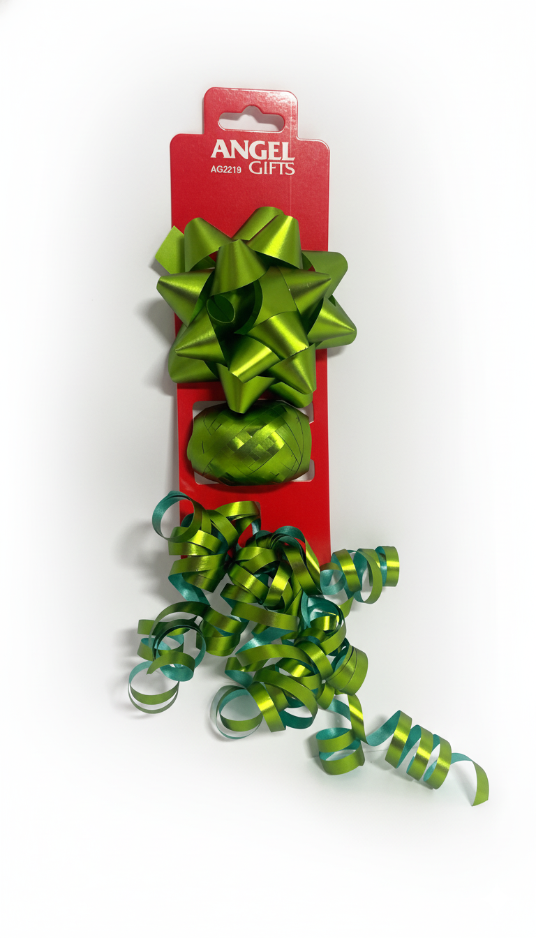 Бант та стрічка-кокон в наборі; матовий; колір зелений; 2 банта 10, 15 см + стрічка 5мм*10м;  матеріал: поліпропілен; арт. AG2219; ANGEL GIFTS