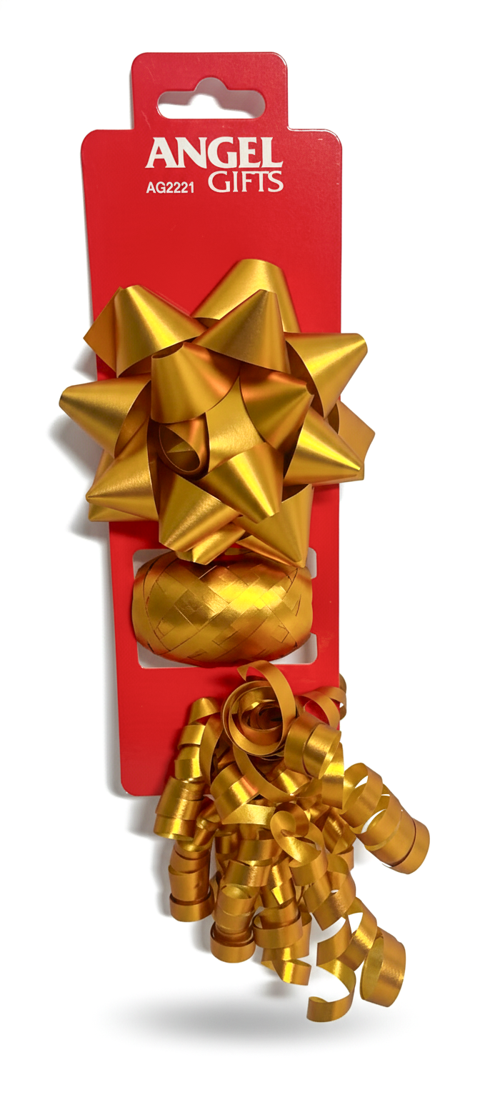 Бант та стрічка-кокон в наборі; матовий; колір золото; 2 банта 10, 15см + стрічка 5мм*10м;  матеріал: поліпропілен; арт. AG2221; ANGEL GIFTS