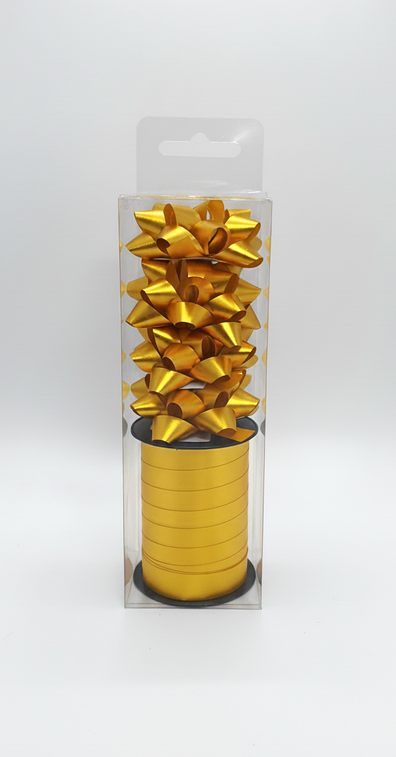 Бант та стрічка в наборі; колір золото; 4 банти 5см. + стрічка 1см*10м;  матеріал: поліпропілен; арт. AG2240; ANGEL GIFTS