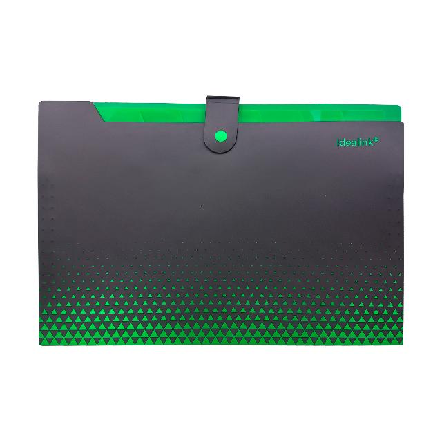 Папка пластикова на 8 відділень; на кнопці; з розширенням; А4; колір чорний з зеленим; арт. KL10531-4; KLERK