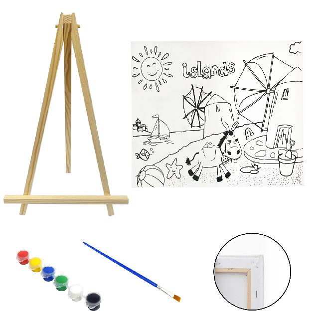 Полотно-розмальовка з контуром на дерев'яному підрамнику "Віслюк на острові", 15*20см., мольберт + фарби + пензлик в наб., арт.QSA15*20-1