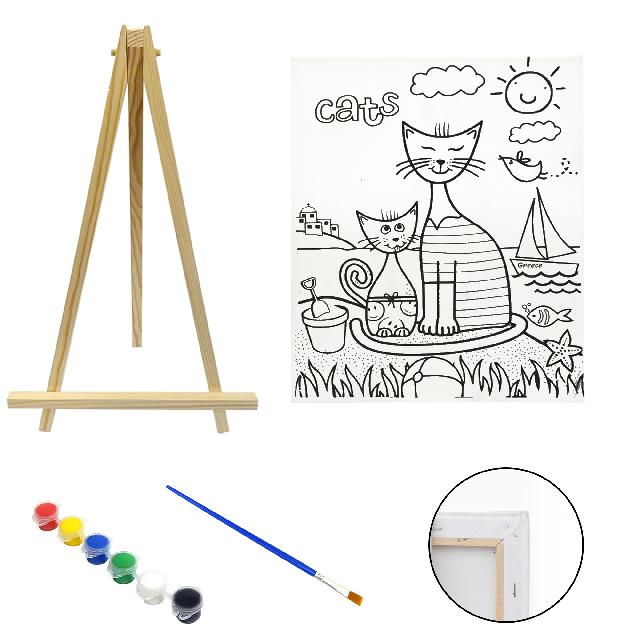 Полотно-розмальовка з контуром на дерев'яному підрамнику "Коти", 15*20см., мольберт + фарби + пензлик в наб., арт.QSA15*20-4