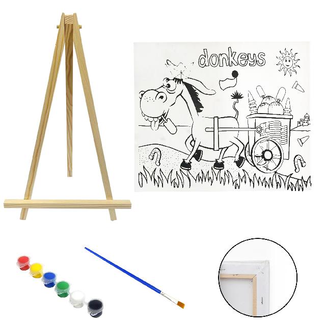 Полотно-розмальовка з контуром на дерев'яному підрамнику "Віслюк з морозивом", 15*20см., мольберт + фарби + пензлик в наб., арт.QSA15*20-5