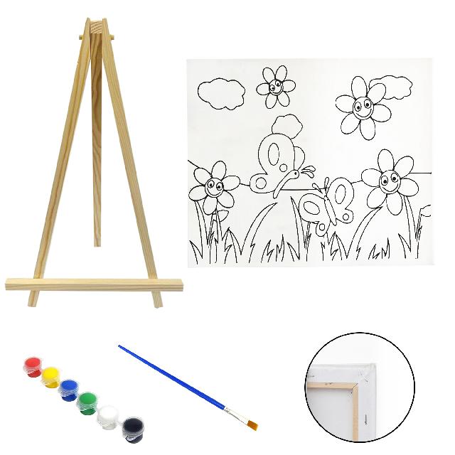 Полотно-розмальовка з контуром на дерев'яному підрамнику "Метелики та квіти", 15*20см., мольберт + фарби + пензлик в наб., арт.QSA15*20-6