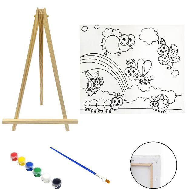 Полотно-розмальовка з контуром на дерев'яному підрамнику "Веселі комахи", 15*20см., мольберт + фарби + пензлик в наб., арт.QSA15*20-7