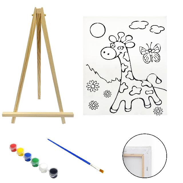 Полотно-розмальовка з контуром на дерев'яному підрамнику "Жираф з метеликом", 24*30см., мольберт + фарби + пензлик в наб., арт.QSA24*30-5