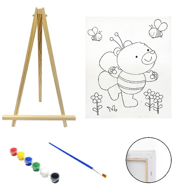 Полотно-розмальовка з контуром на дерев'яному підрамнику "Ведмедик-бджілка", 30*40см., мольберт + фарби + пензлик в наб., арт.QSA30*40-2