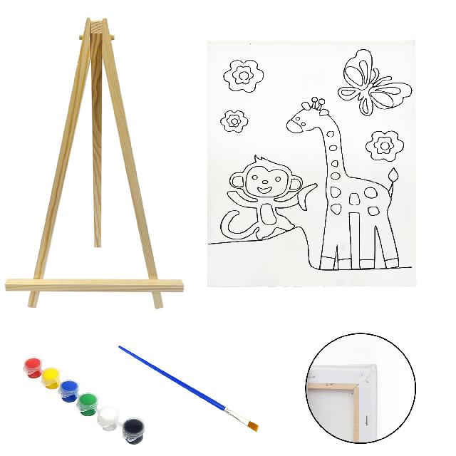 Полотно-розмальовка з контуром на дерев'яному підрамнику "Жираф та мавпочка", 30*40см., мольберт + фарби + пензлик в наб., арт.QSA30*40-5