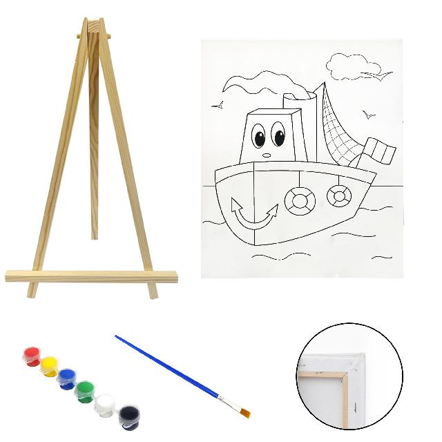 Полотно-розмальовка з контуром на дерев'яному підрамнику "Кораблик", 30*40см., мольберт + фарби + пензлик в наб., арт.QSA30*40-6