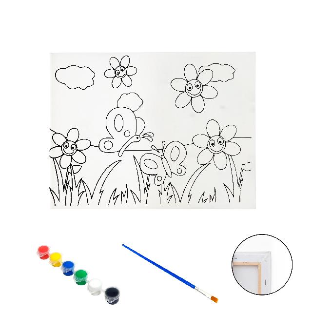 Полотно-розмальовка з контуром на дерев'яному підрамнику "Метелики та квіти", 15*20см., фарби + пензлик в наб., арт.QS15*20-6