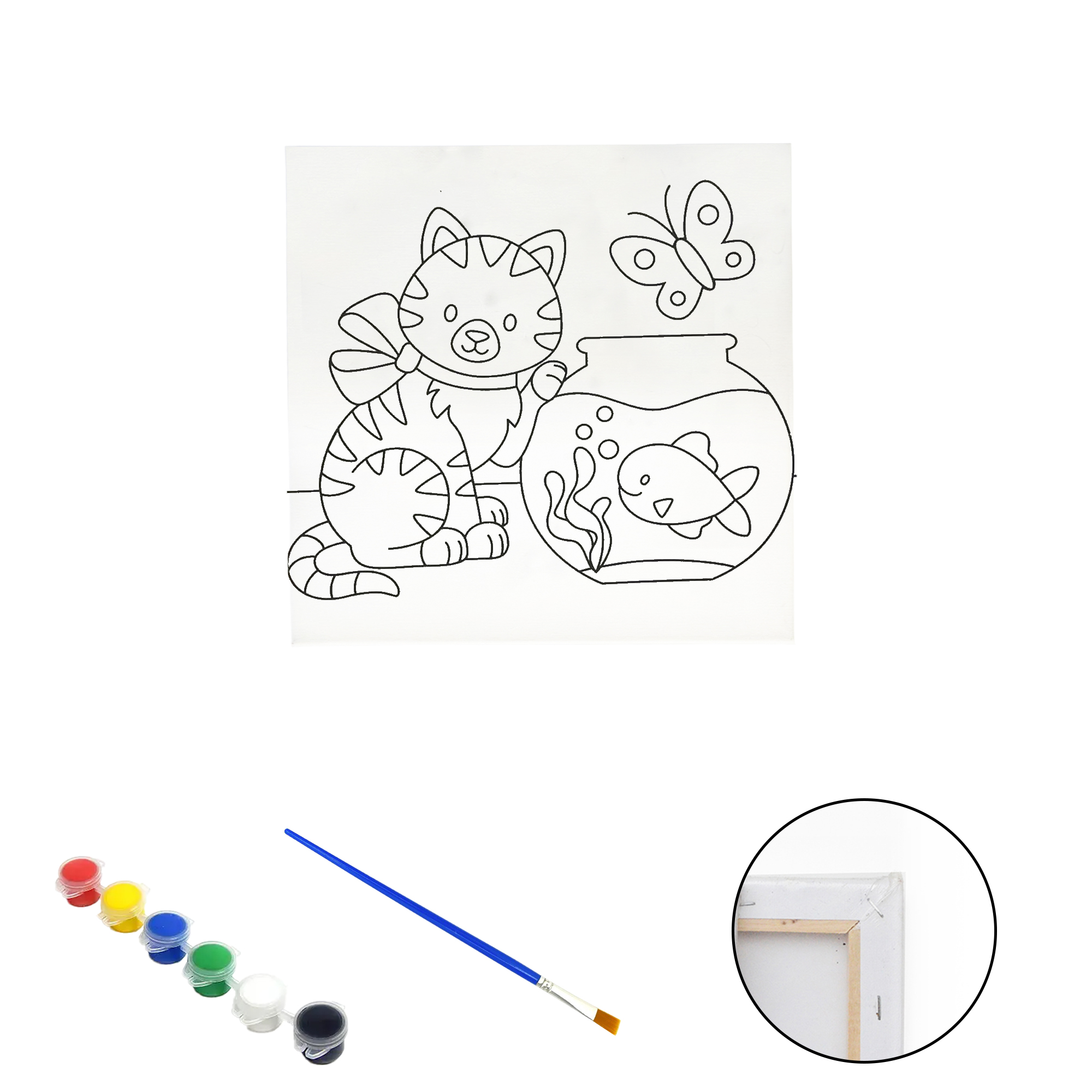 Полотно-розмальовка з контуром на дерев'яному підрамнику "Котик з акваріумом", 20*20см., фарби + пензлик в наб., арт.QS20*20-7