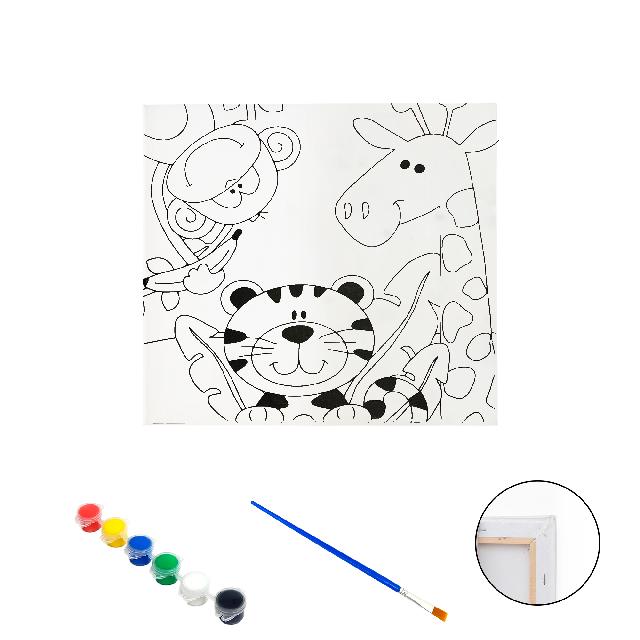 Полотно-розмальовка з контуром на дерев'яному підрамнику "Звірята Сафарі", 20*20см., фарби + пензлик в наб., арт.QS20*20-8