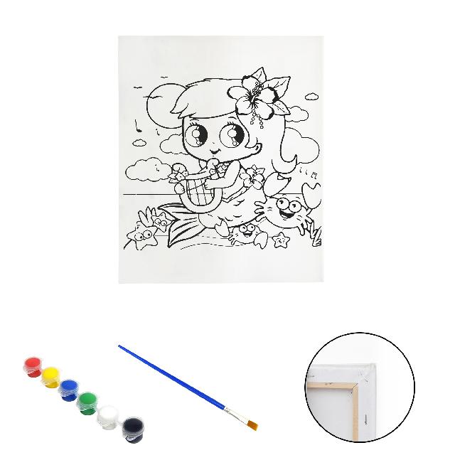 Полотно-розмальовка з контуром на дерев'яному підрамнику "Русалочка з лірою" 30*40см., фарби + пензлик в наб., арт.QS30*40-3