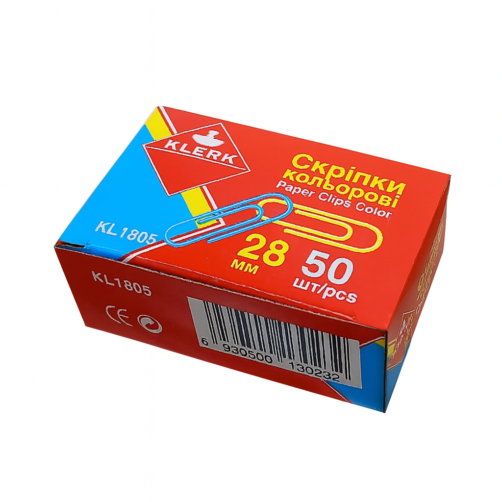 Скріпки канцелярські кольорові; 28мм; (50шт у пач.); закруглені; картонна коробка; арт. KL1805-50; KLERK