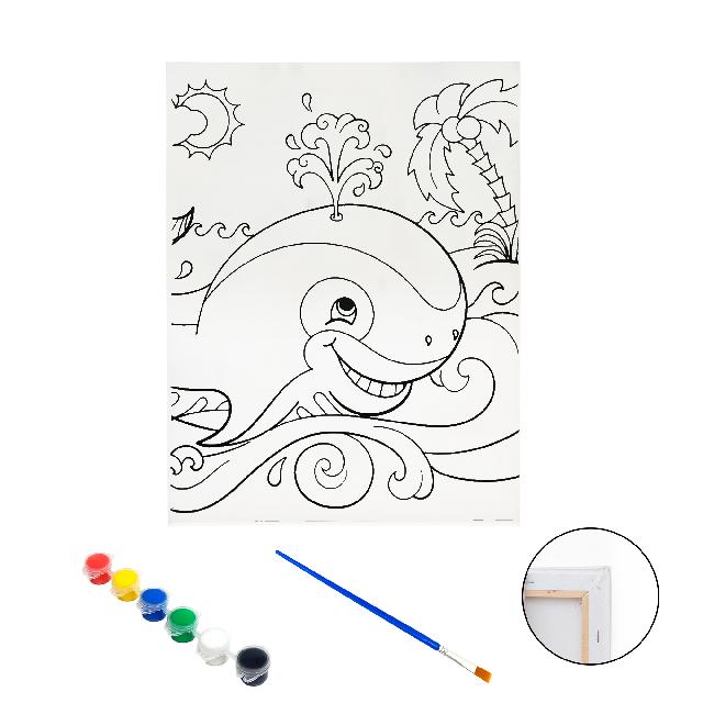 Полотно-розмальовка з контуром на дерев'яному підрамнику "Кит", 24*30см., мольберт + фарби + пензлик в наб., арт.QSA24*30-7